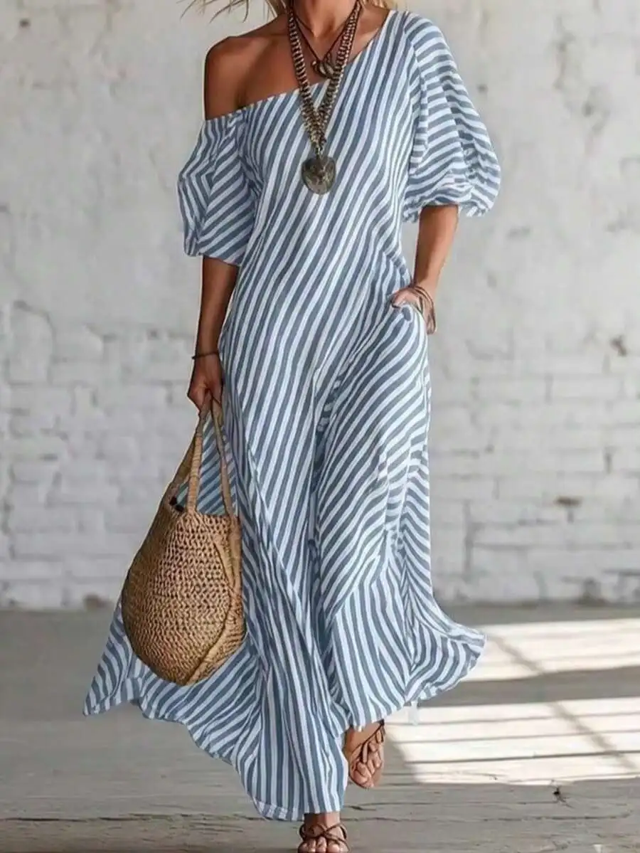 

Casual Elegant Off Shoulder Striped Maxi Dress For Vacation