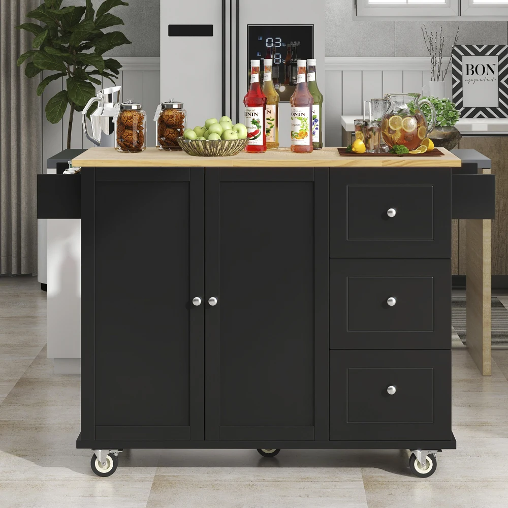 Rolling Mobile Kitchen Island Solid Wood Top,52.7 Inch Width,Storage Cabinet Drop Leaf Breakfast Bar, Rack & Drawer Storage Cart