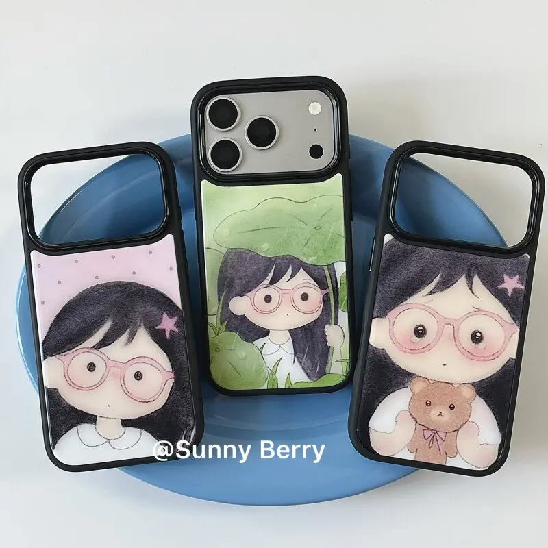 Funda para iPhone 17 Air 16 15 14 13 12 11 Pro Max Plus Y2K con Diseño de Chica Coreana con Pelo Negro y Gafas, Estilo Ins Fashion