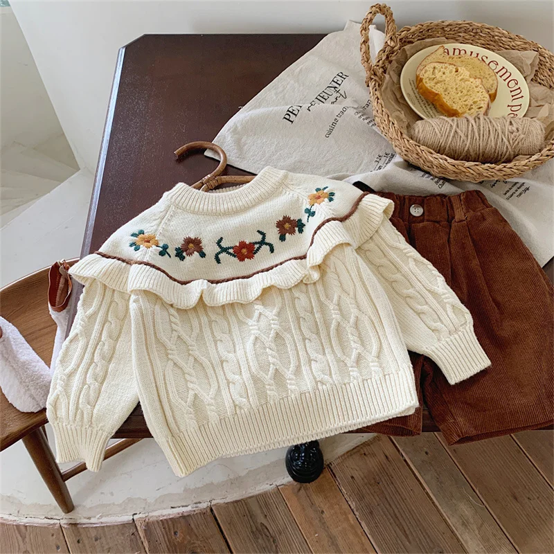 

Girls Sweater Wool Coat Kids Tops Knitting 2023 Embroider Thicken Warm Winter Autumn Toddler Cottons Pullover Children's Clothin