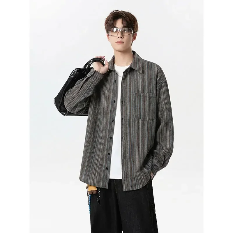 Fashion Men Vintage Striped Shirt Long Sleeve Cotton Blend Casual Top Streetwear Urban Wear Spring Summer Shirt for Daily Outfit