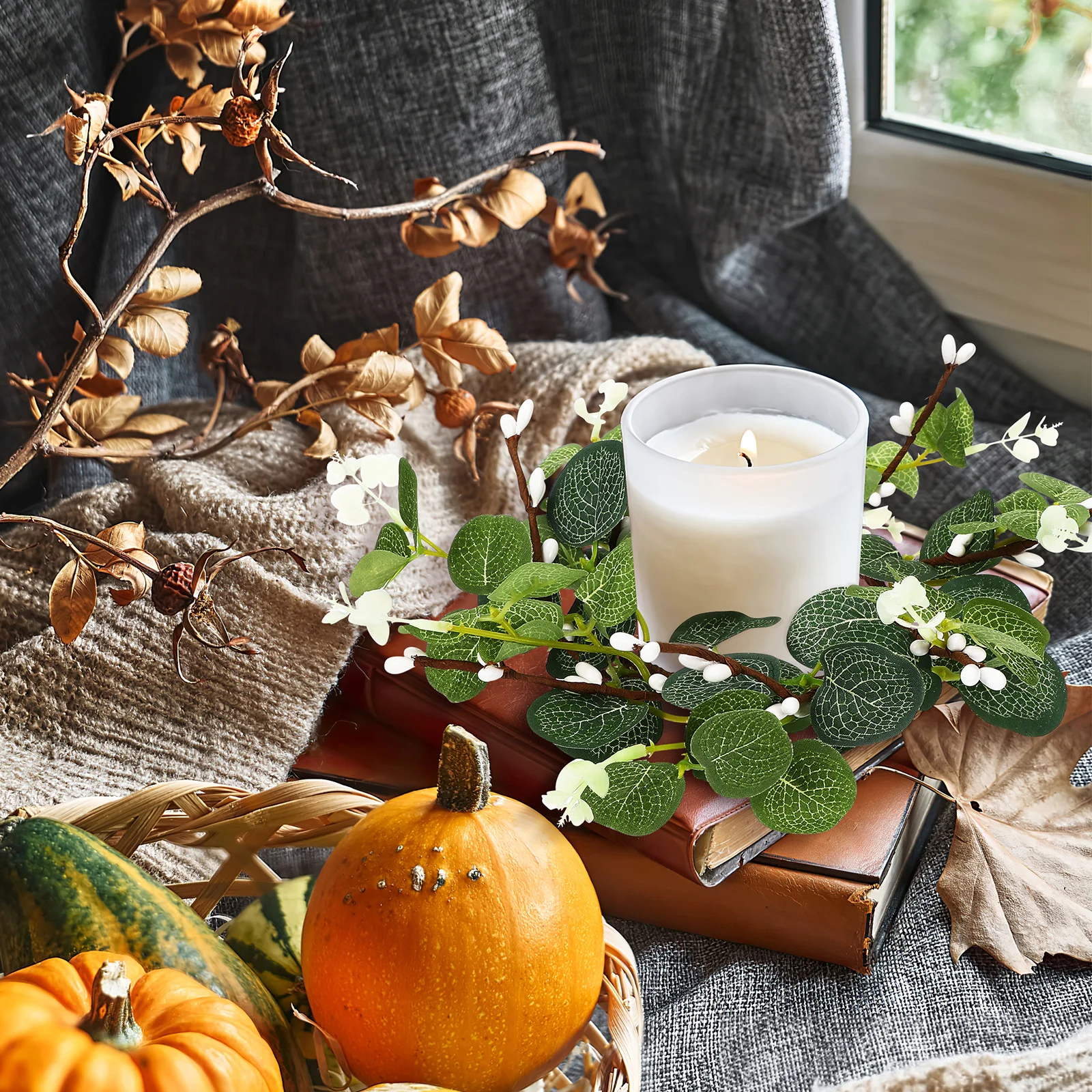 

2Pcs Wreath Eucalyptus Garland Small Simulation Ring Rustic Farmhouse Decor for Door Wall Window Easter Christmas