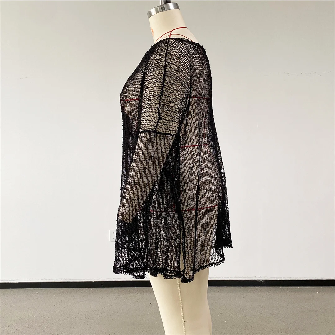 2026 Langarm-Stricktunika mit durchsichtigen Elementen, Strand-Cover-up, Strandkleid, Strandmode, Damen V8428 – Detail 7