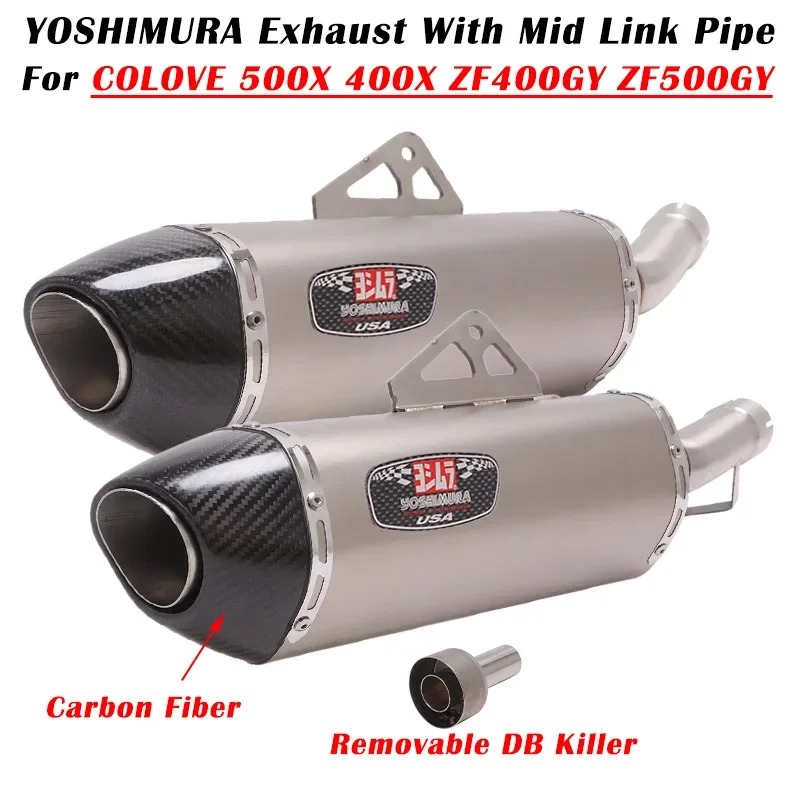 For COLOVE 500X 400X Macbor Montana XR5 Motorcycle Yoshimura Exhaust Escape Modify Carbon Fiber Muffler With Link Pipe DB Killer