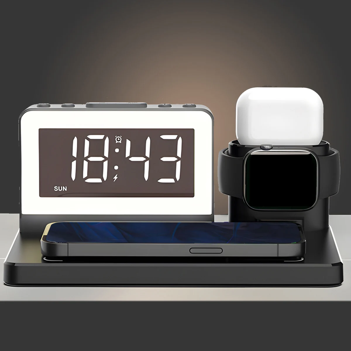 3-in-1 Wireless Charger Multi-function with Night light and Alarm Clock For Apple iPhone Watch Fast Wireless Charging Station