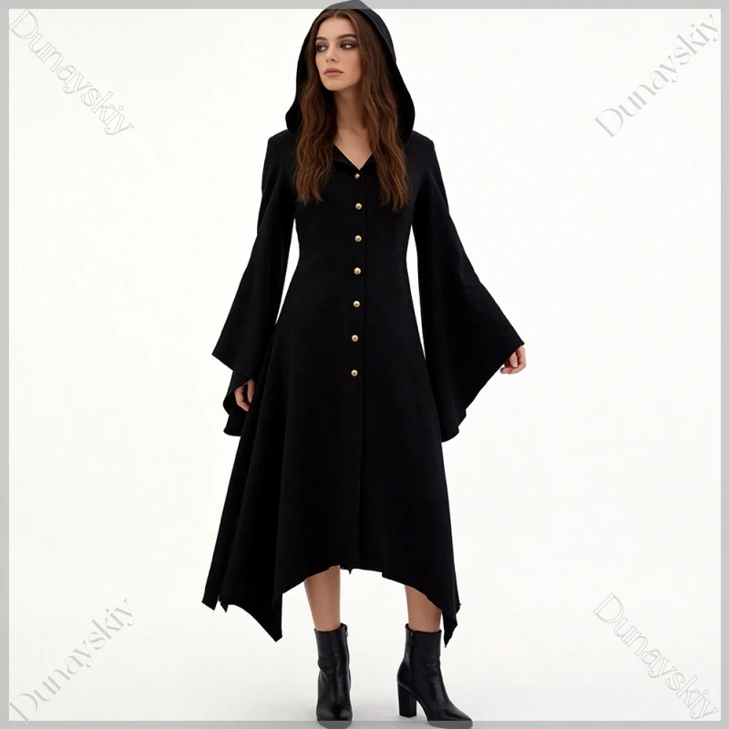 

Gothic Vampire Hooded Dress Halloween Vampire Witch Asymmetrical Hem Cosplay Costume Hooded Coat with Bell Sleeves Stage Clothes