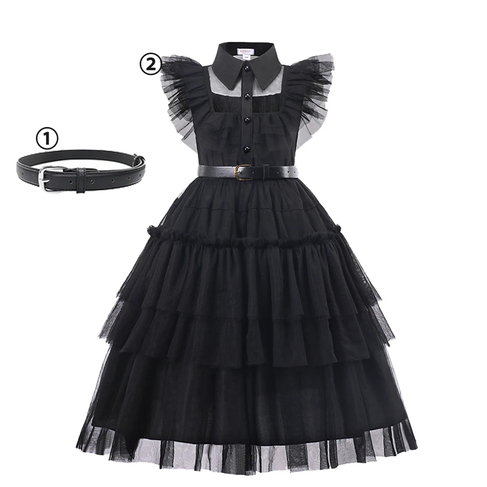 Wednesday Merlina Costumes Dresses For Girls A-line Skirt Bat Ball Gown Cobweb Dress Halloween Carnival Party Clothing For Kids