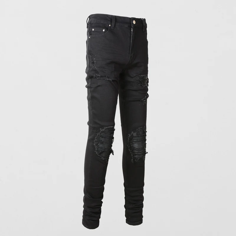 Y2KFashionable new black jeans with perforated patches washed nostalgic stretch slim fit jeans high street hip-hop brand pants