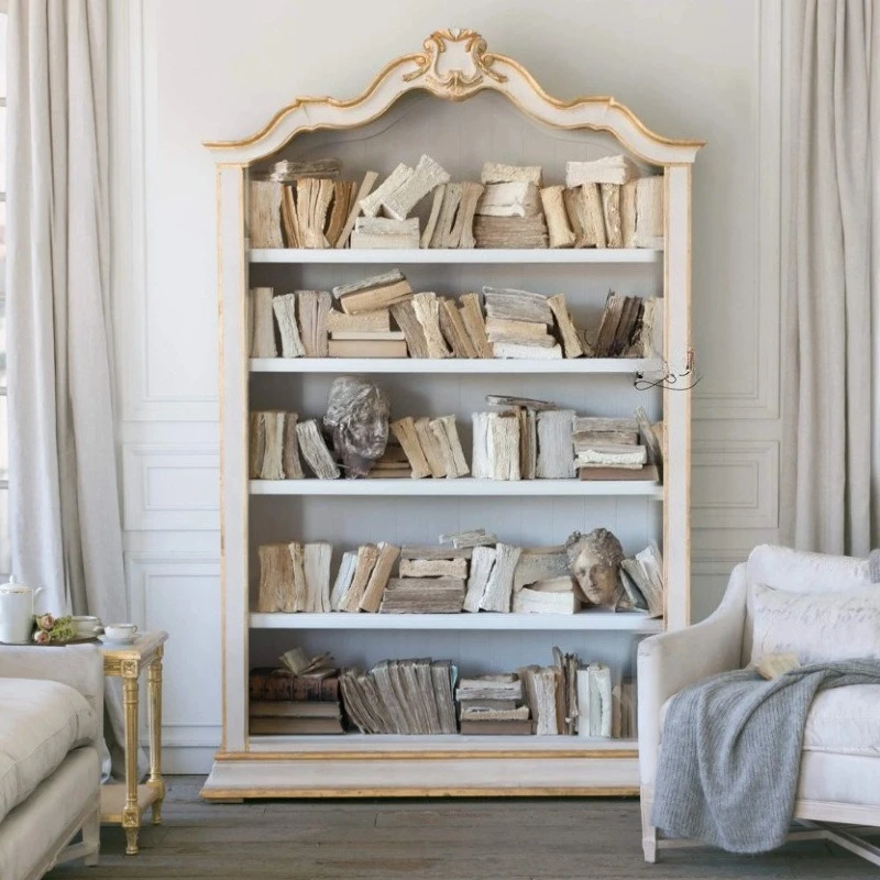 

American French rural retro old bookcase Solid wood bookshelf display cabinet Side cabinet British tracing open display cabinet