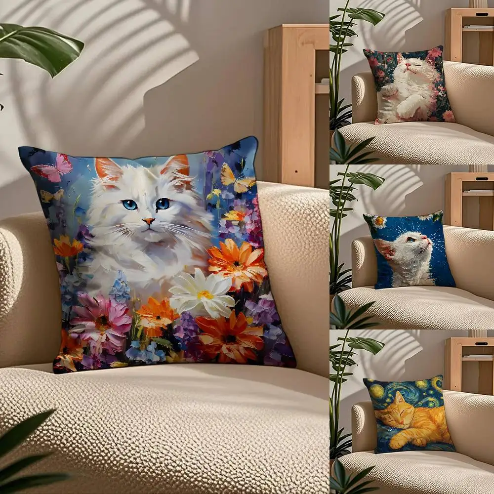 

Cute Oil Painting Colorful Cat Pillow Case Comfort Sofa Bed Silky elegant Invisible zipper Custom Decorative cushion cover