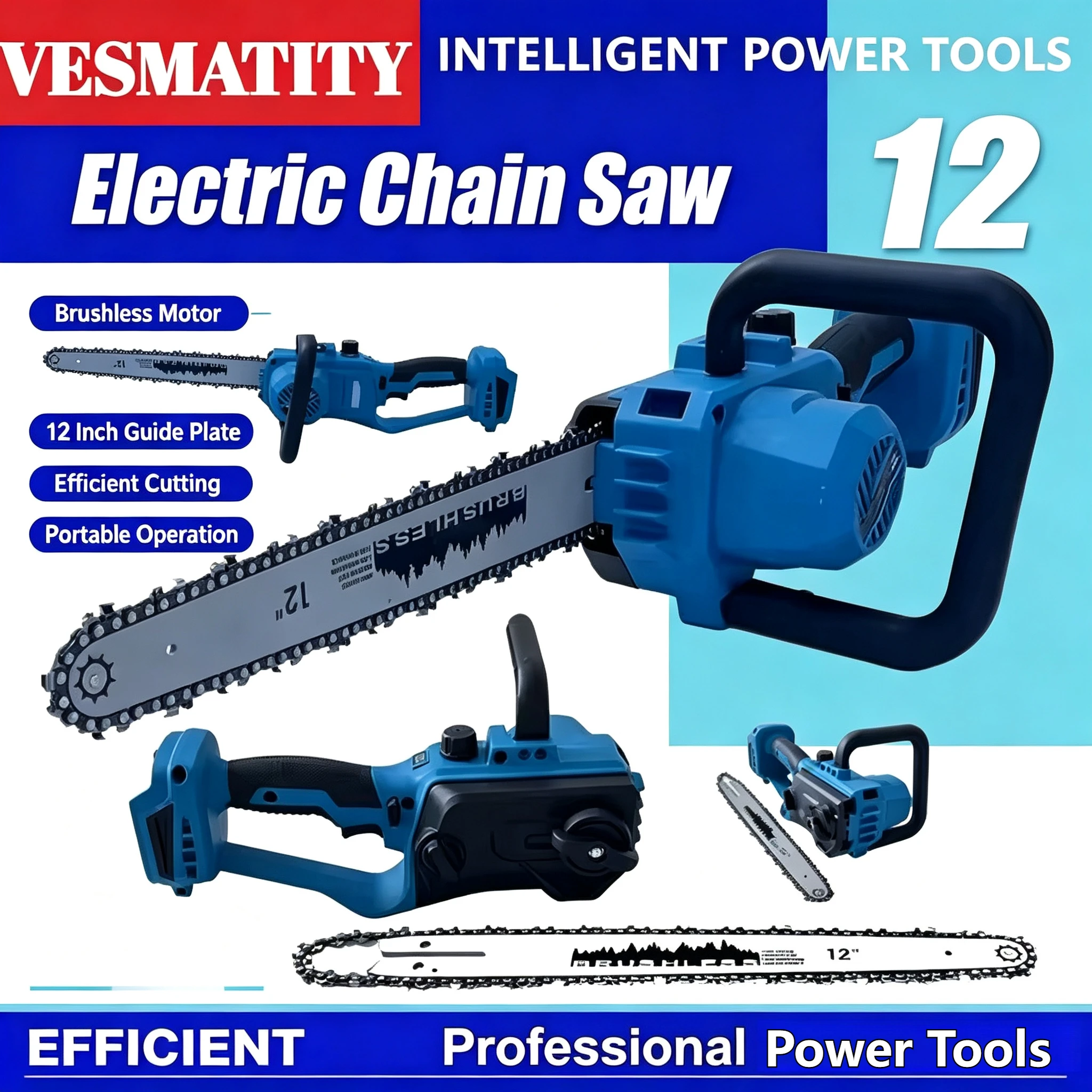 Brushless Electric Chain Saw 12Inch Power Digital Display Cordless Chainsaw Garden Tree Branch Cutting for 18V-20V battery.