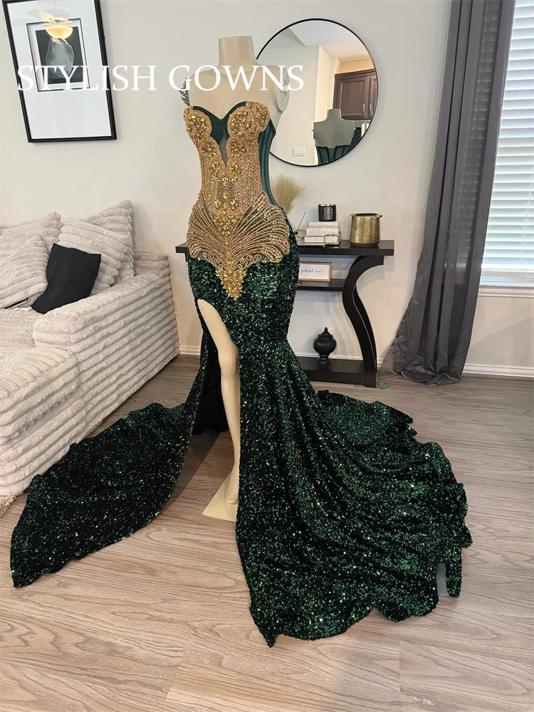 Dark Green Sequin Golden Crystal Prom Dresses O-Neck Appliques Beading For Girls Luxury Sweep Train Mermaid Evening Party Gowns