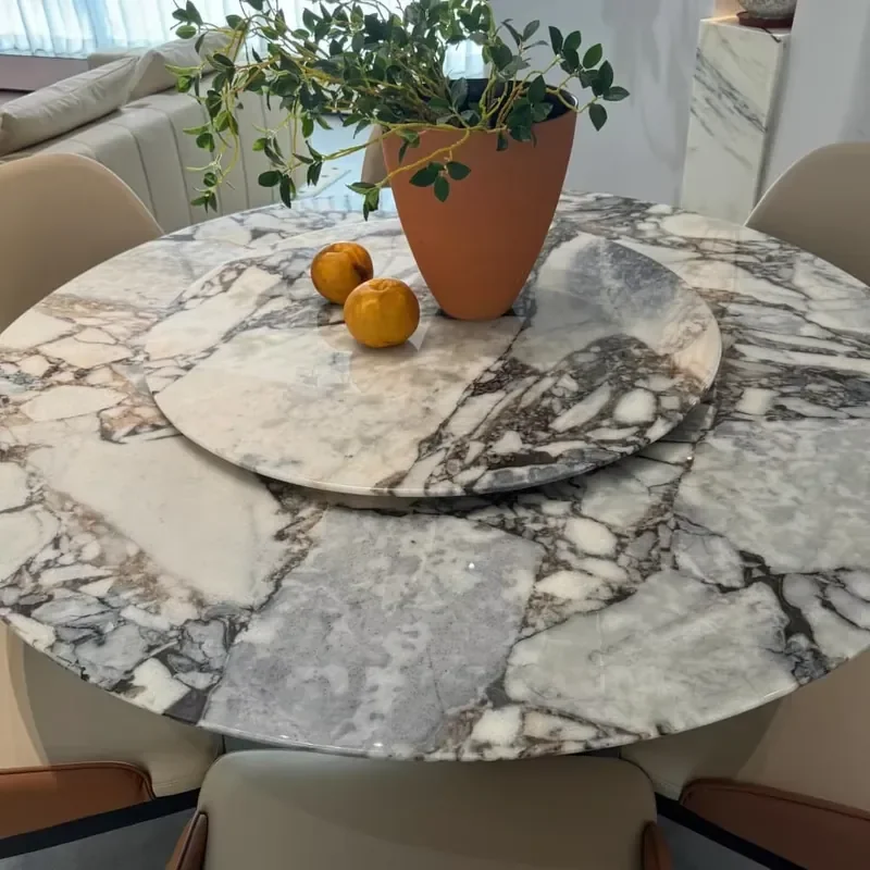 #Brazilian Stone Marble Dining Table Customizable Round Size Rich Texture for Home or Restaurant Seats 6-15 People