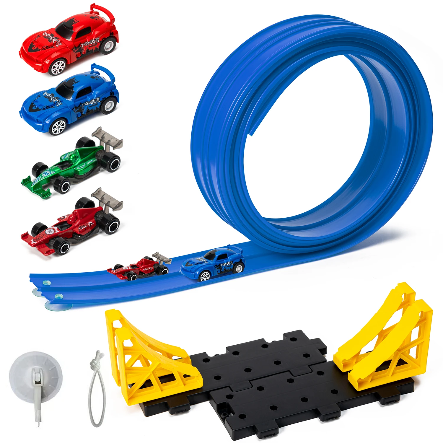 A Pack Of Flex Track 15 Ft Starter Set, Flexible Race Car Ramp Track for with Suction Cups Compatible With Hot Wheels Cars