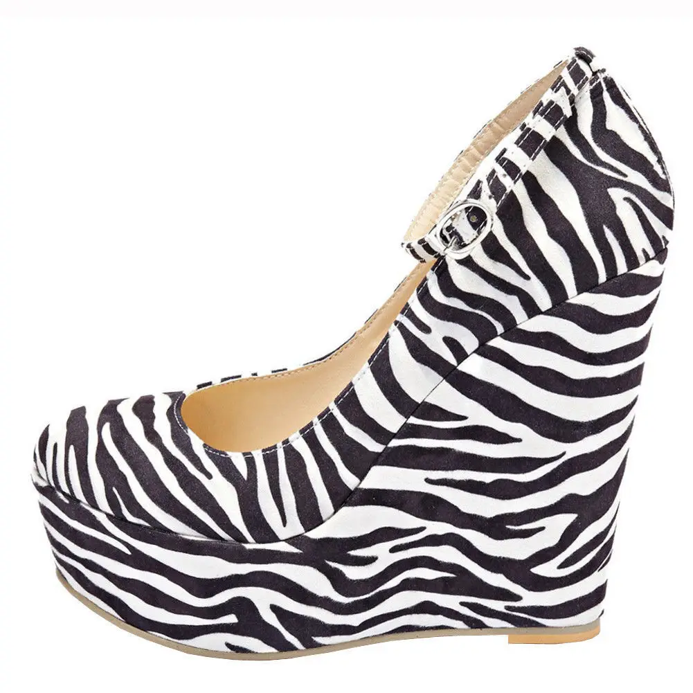 

Zebra Stripe Platform Wedge High Heels Pumps Ankle Strap Blue Red Suede Pointed Toe Woman Beach Vacation Shoes