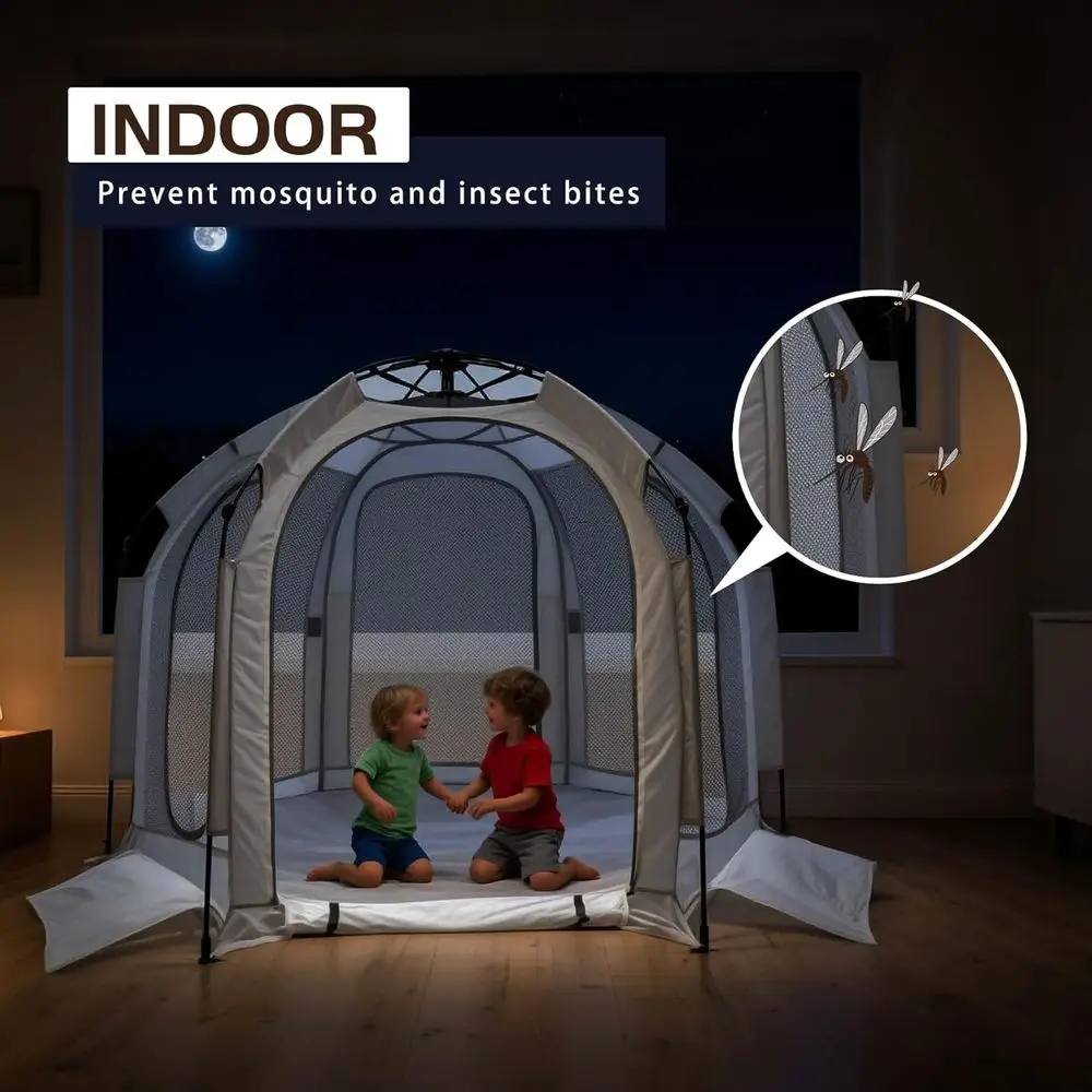 Tragbarer Laufstall für Kleinkinder mit Baldachin, Spielplatz für Kleinkinder im Innen- und Außenbereich, faltbares Moskitonetz – Grau