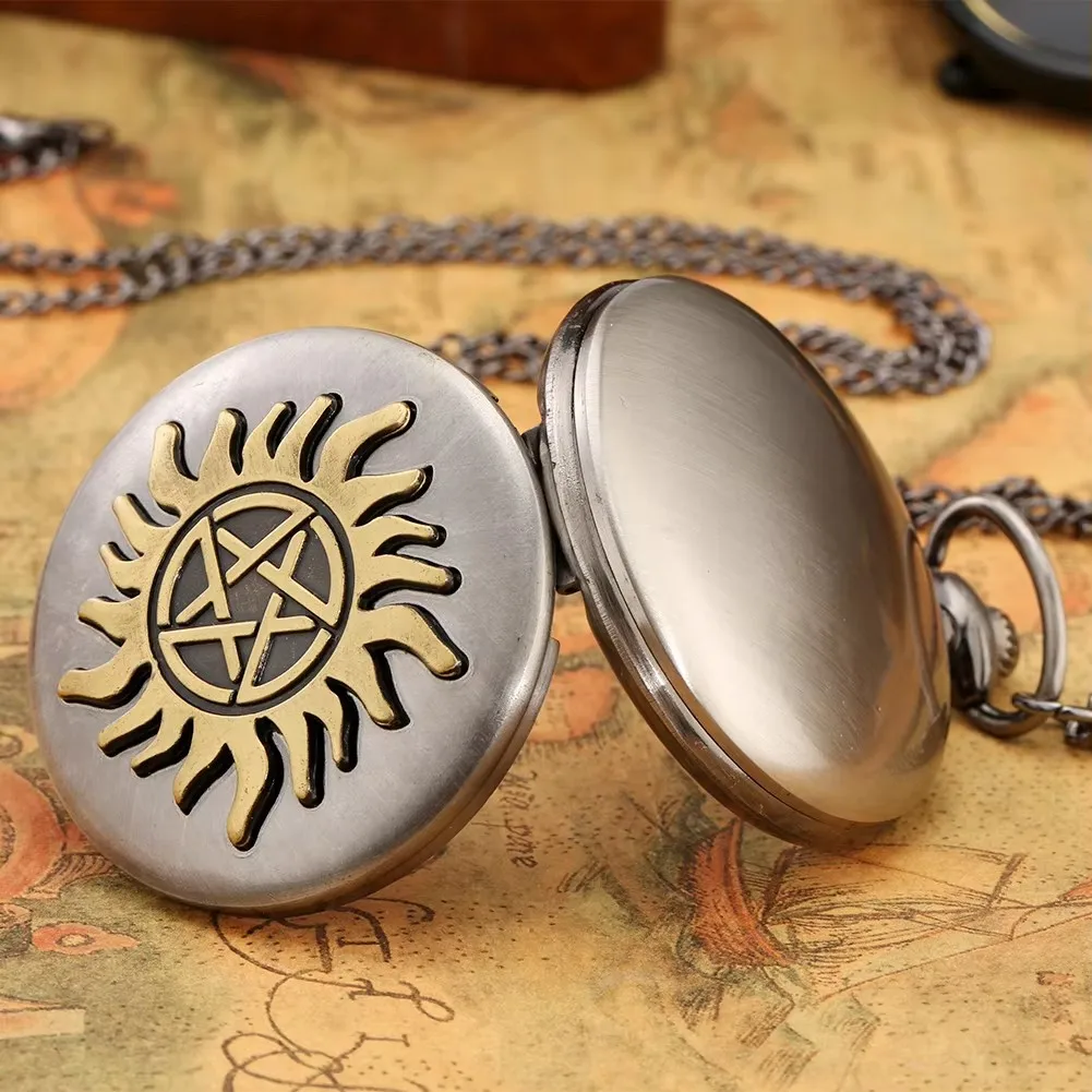 Vintage pentagramma sun flower orologio da tasca al quarzo collana pendente maglione catena regalo per uomini e donne