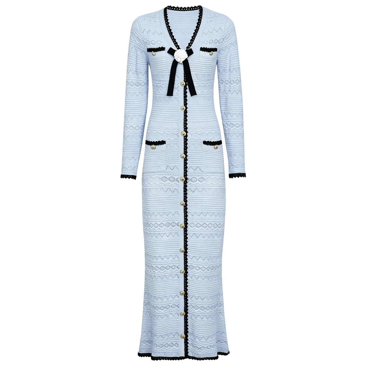 26211 High Quality Spring And Autumn New Fashion Knitted V-Neck Flower Slimming And Slimming Women's Casual Long Sleeve Dress
