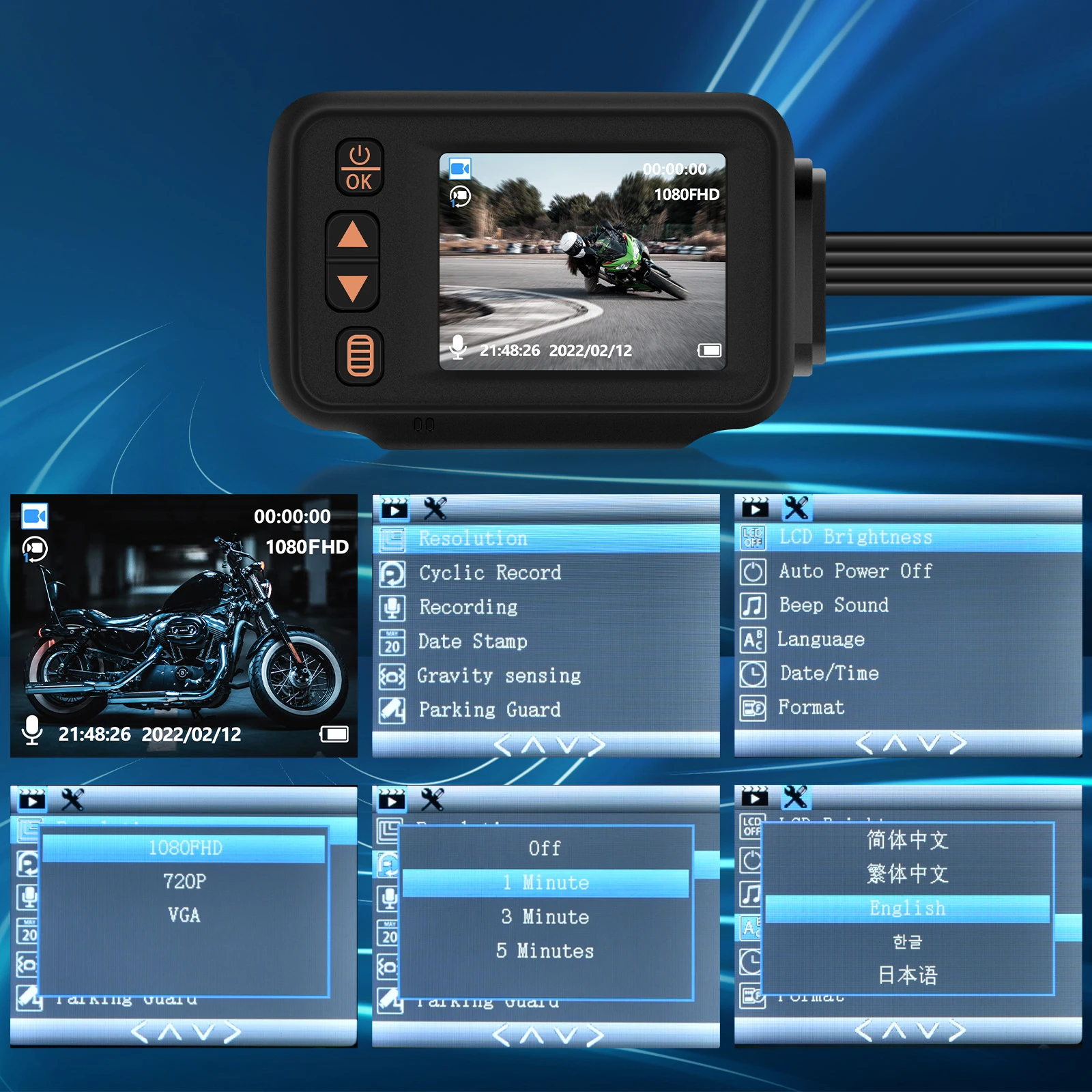 Motorcycle Driving Video Recorder 2.0 Inch Screen with 1080P+720P Cameras Built-In Gps Support Loop Video Parking Monitoring