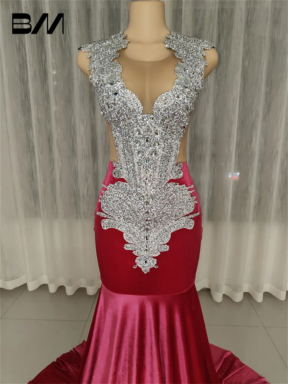 

Beads Crystals Prom Elegant Sleeveless Party Gown With Court Train Real Images Velvet Mermaid Evening Dress