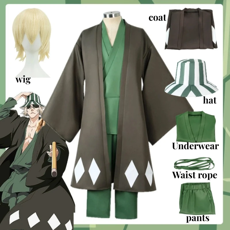 

Hot Anime Bleach Cosplay Urahara Kisuke Gotei 13 Costume Kimono Uniform Cape Top Pants Hat Suit for Halloween Carnival Party