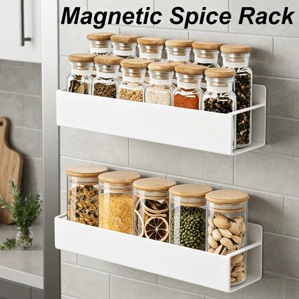 Weißer magnetischer Gewürzregal-Kühlschrank-Seitenwand-Organizer, Küchen-Aufbewahrungsbehälter, Waschkorb, Obstschalenhalter