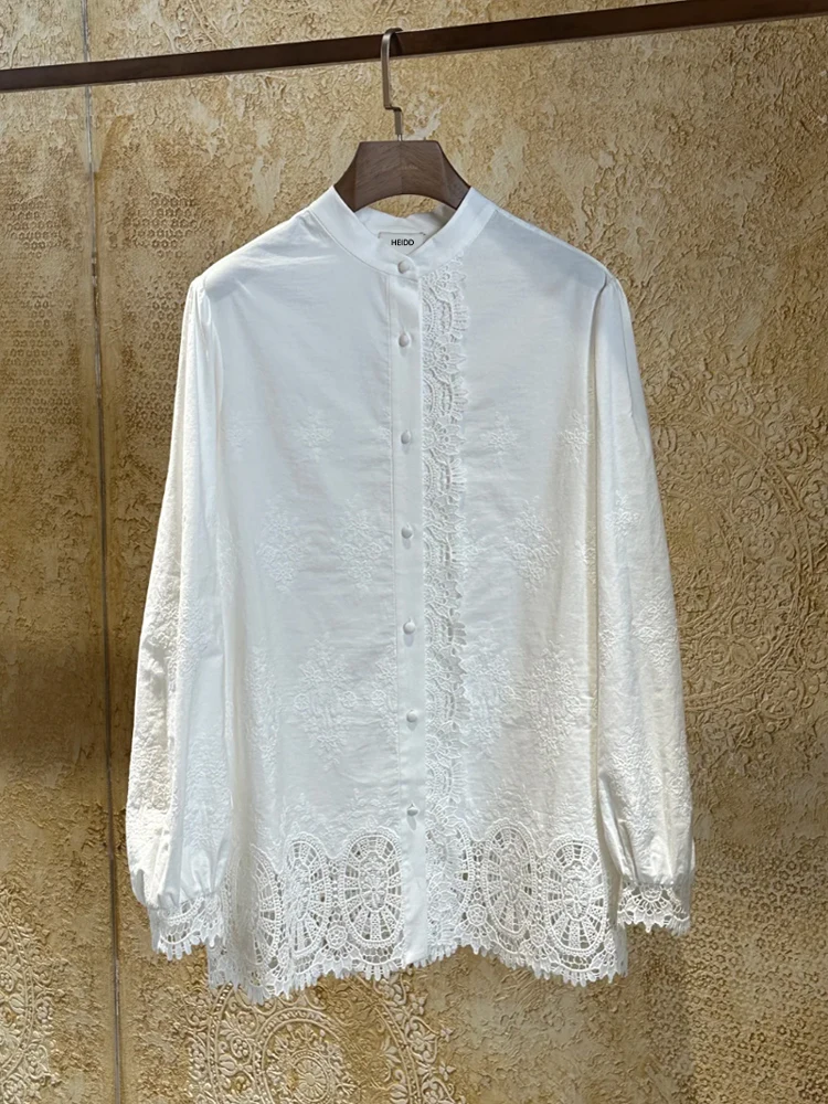 

Romantic Style Soluble Embroidery Hollow Lace Trim Splicing Vacation Loose White Shirt Cotton Long Sleeve round Neck Button C...