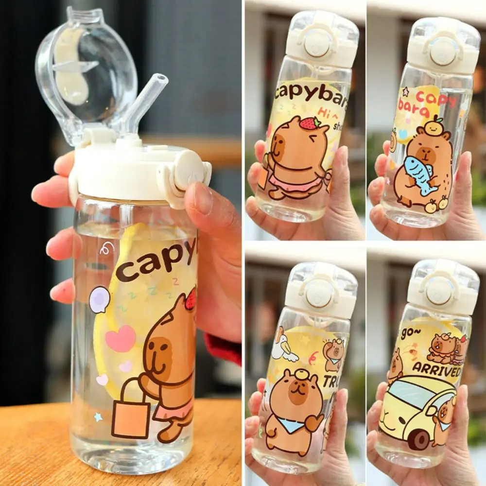 

Cute 400ML Straw Water Bottles Capybara Pattern Transparent Children's Water Cup Portable Leak-Proof Drink Cup Sports Fitness