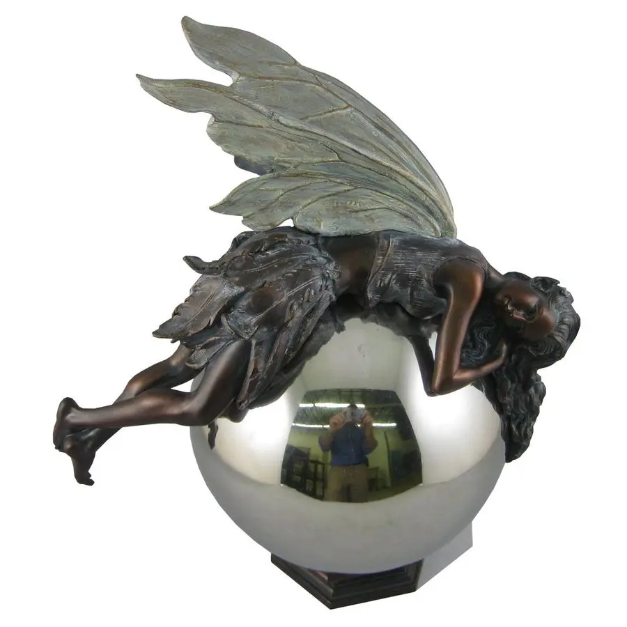 

12Inch Tall Bronze Fairy Resting on Gazing Ball Outdoor Garden Statue