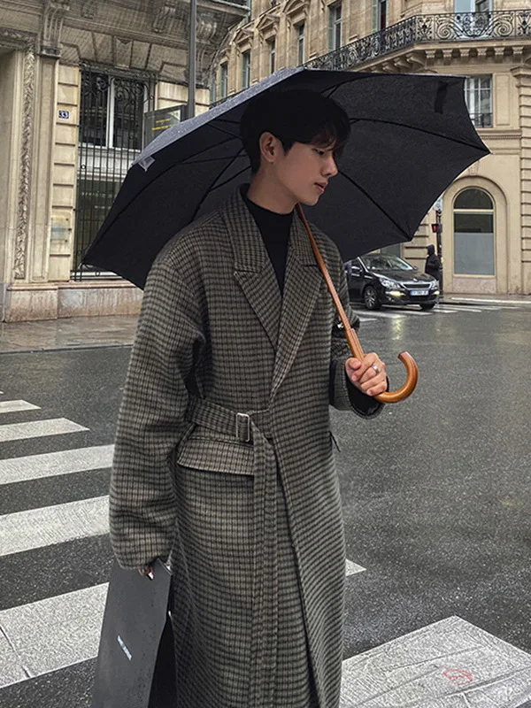 

Мужское шерстяное пальто в клетку TANGZ STUDIO, корейский стиль, свободный крой, средней длины, утепленная ветровка, модный городской стиль