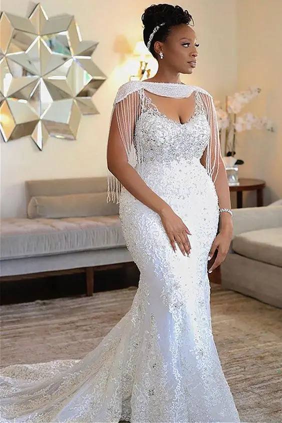 Robe de mariée sirène de luxe avec perles, cape de charbon d'Afrique du Sud, bretelles spaghetti élégantes, pour les patients de mariage, quelle que soit, 2023