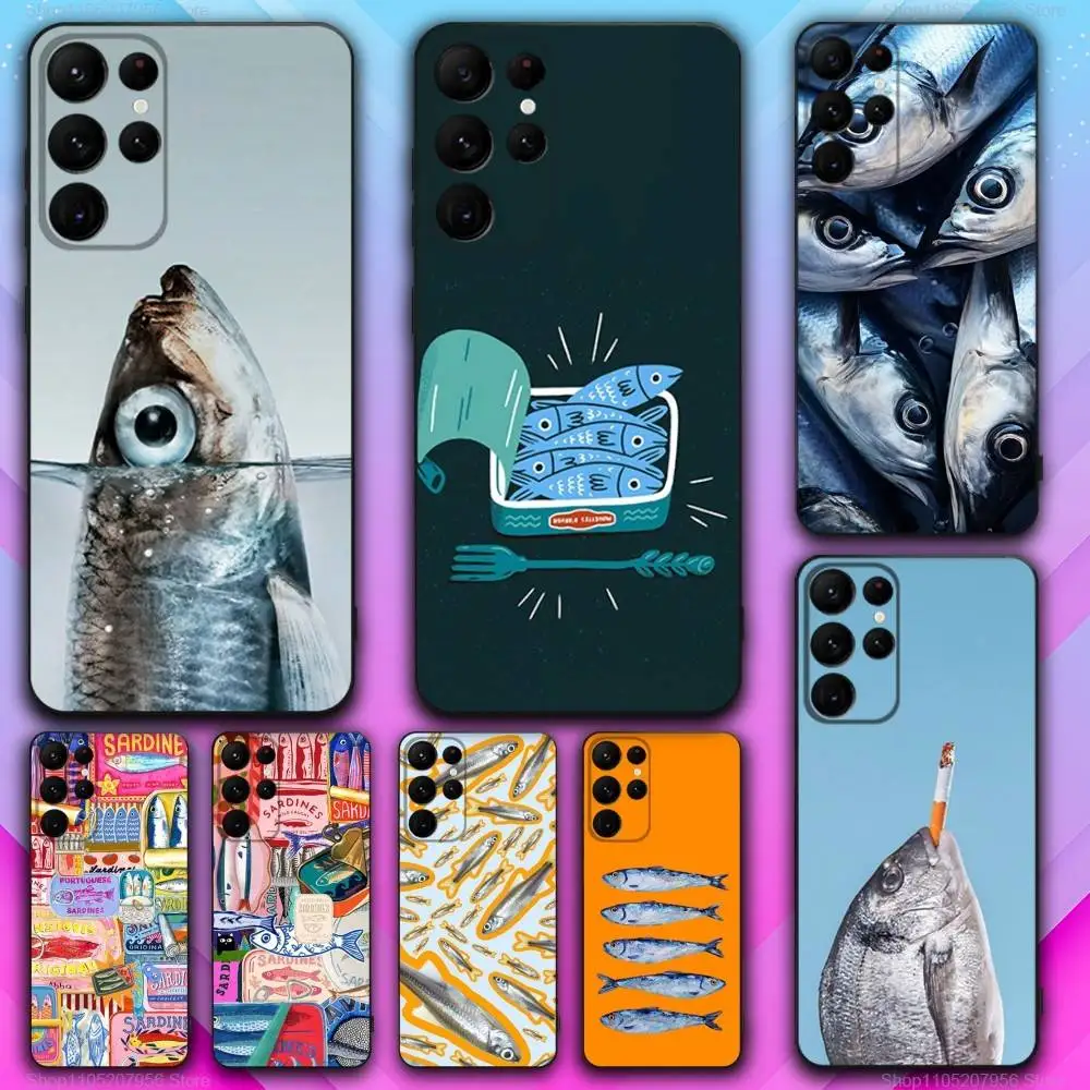 

S-Sardines Fish Art Black Soft Skin-friendly For Samsung S20,S21,S22,S23,Fe,S24,S25,S30,Lite,5G,Ultra,Plus Phone Case