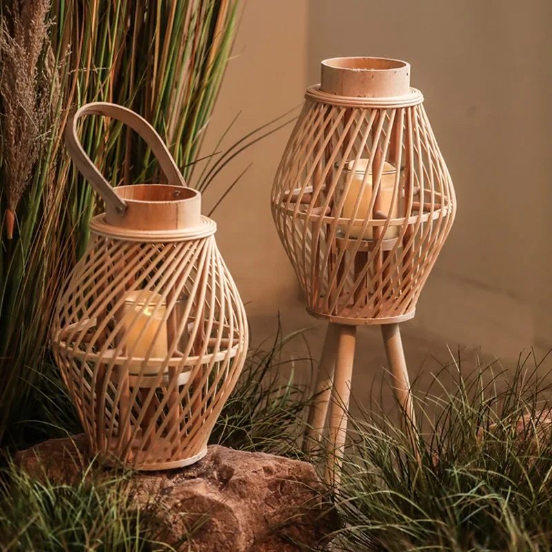 Bamboo Wabi-Sabi Wind Lamp Floor Ornaments Retro Indoor Candle Holder Living Room Atmosphere Nordic Home Decor