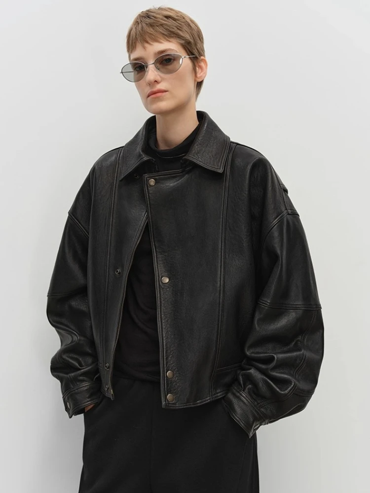 Vintage Short Genuine Leather Jackets for Women Autumn Winter 2025 High-end Simple Classic Bubble Real Sheepskin Quilted Coats