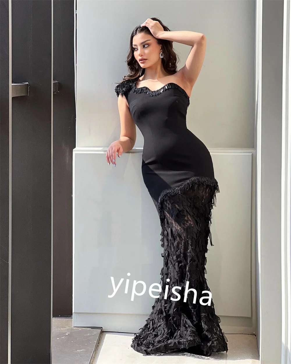 Sizes Available Jersey Sequined Ruched Tassel Mermaid One-shoulder Long Dresses Evening Dresses Intricate Matching Exquisite
