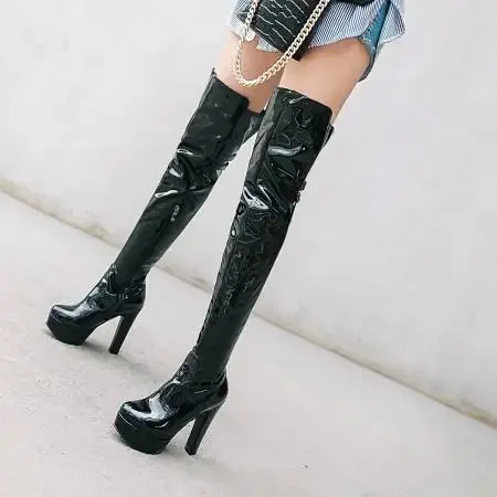 Women Platform Over The Knee Boots Sexy 12CM Super High Heels Red Patent Leather Long Boots Woman 2024 Winter Black Shoes