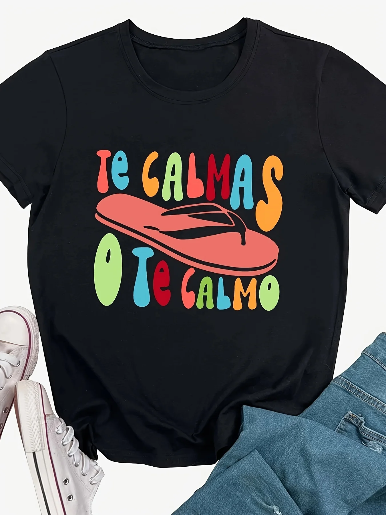 

Women's Casual - "TE CALMAS OTE CALMO" Letter & Flip Flops Graphic Print Summer Sleeved Harajuku Streetwear Tops Tees