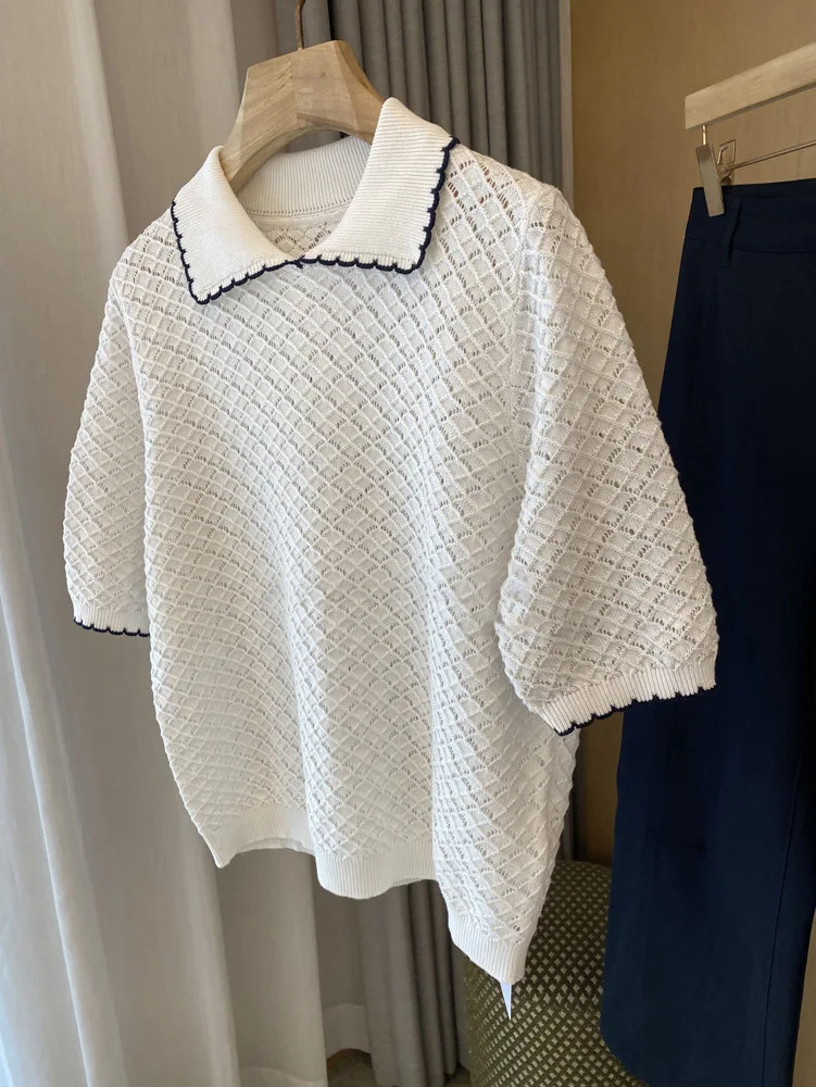 Spring and summer women's casual solid color diamond grid contrasting color lace up lapel short sleeved knitted T-shirt