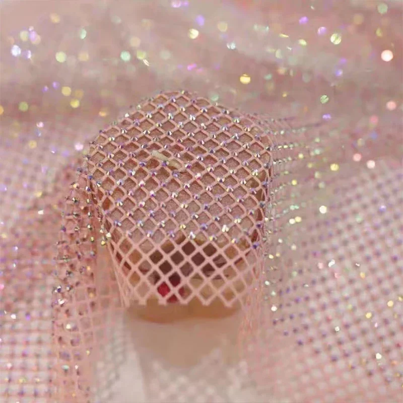 Shiny Rhinestone Stretch Fishing Net Fabric for Dress Skirt Costume DIY Sewing 50x120cm Luxurious Crystal Fishnet Fabric