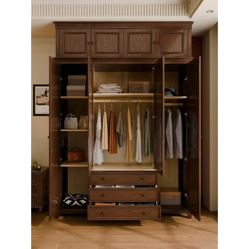 American solid wood wardrobe four-door home bedroom storage ash wood retro country style locker dustproof chestnut color