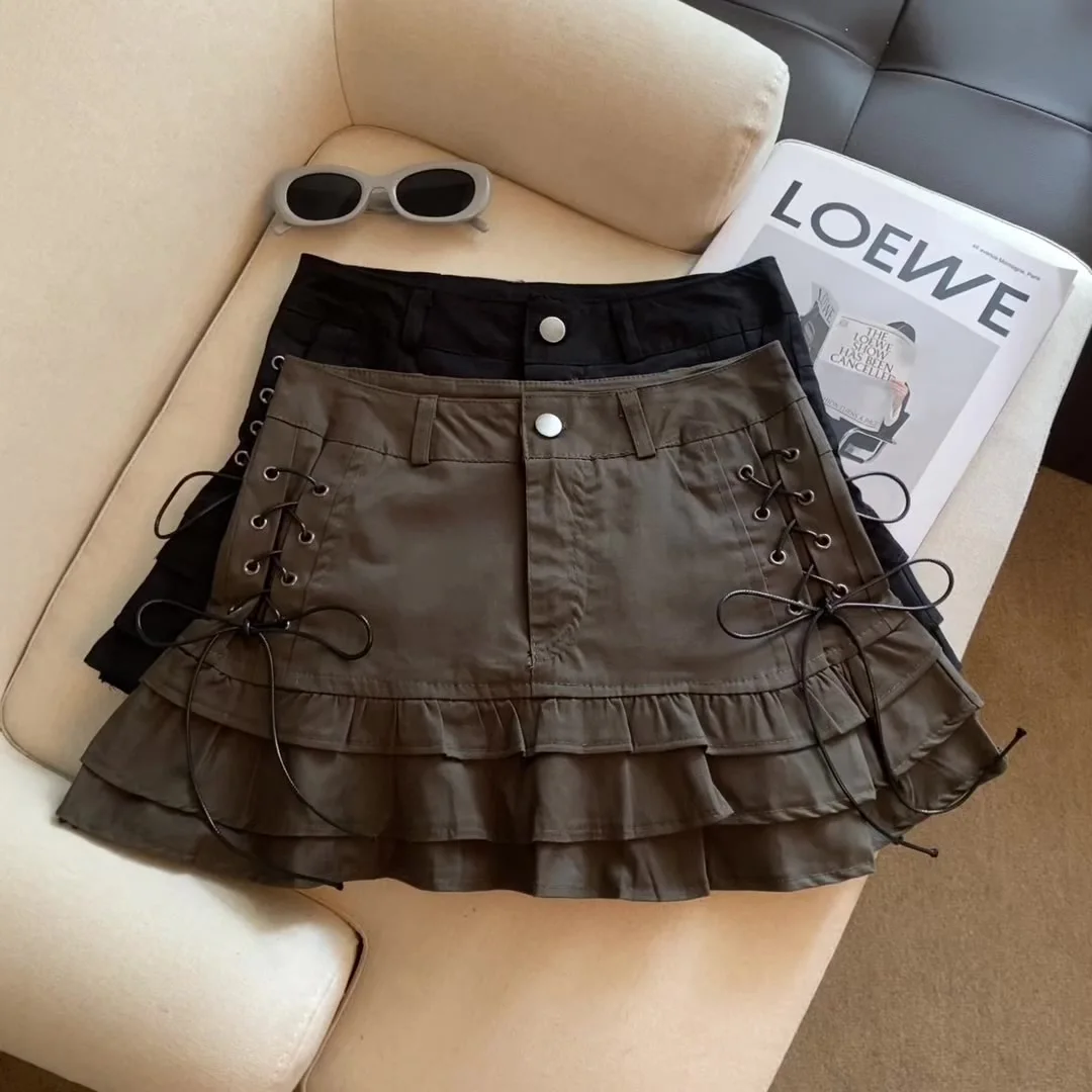 

American style spicy girl strap ruffle mini skirt 2025 spring/summer new A-line high waist slim fit half skirt Y2K women