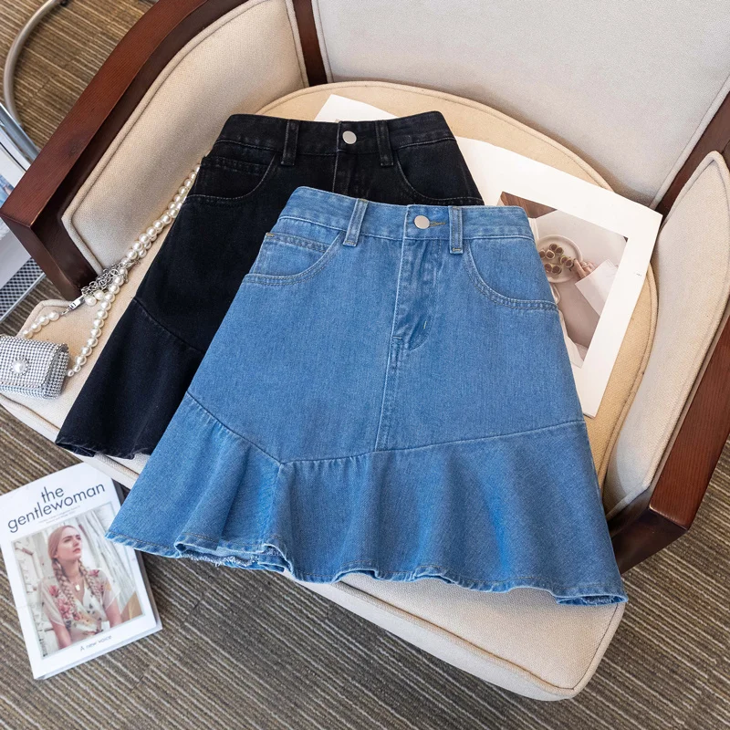 High Waist S4XL Women's Jeans Skirt Casual Ladies Denim Dr Street Sle Patchwork ket Design Flounce Hem A-Line ort S...
