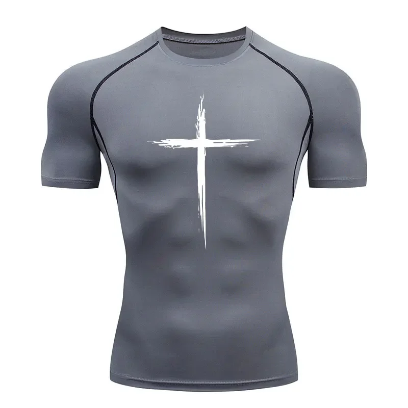 2024 Men\'s Quick Dry Cross Print Sportswear, Running Compression Shirt, Athletic Muscle Shirt, Gym Undershirt, Sport Tops S-3XL