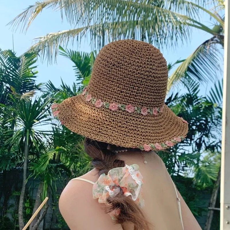 Chapeau de soleil à large bord pour femmes, couvre-chef de plage en paille, pliable, protection UV, été