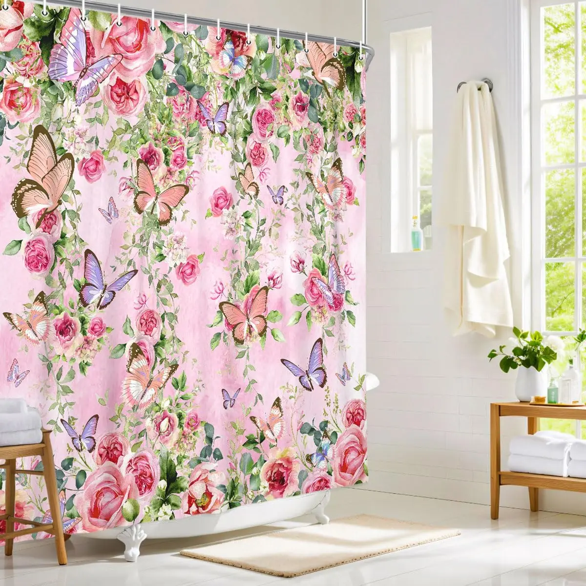Pink Butterfly Shower Curtain Spring Bathroom Decor Set with Blooming Floral,Cloth Fabric Bathroom Decor Set with Hooks Colorful