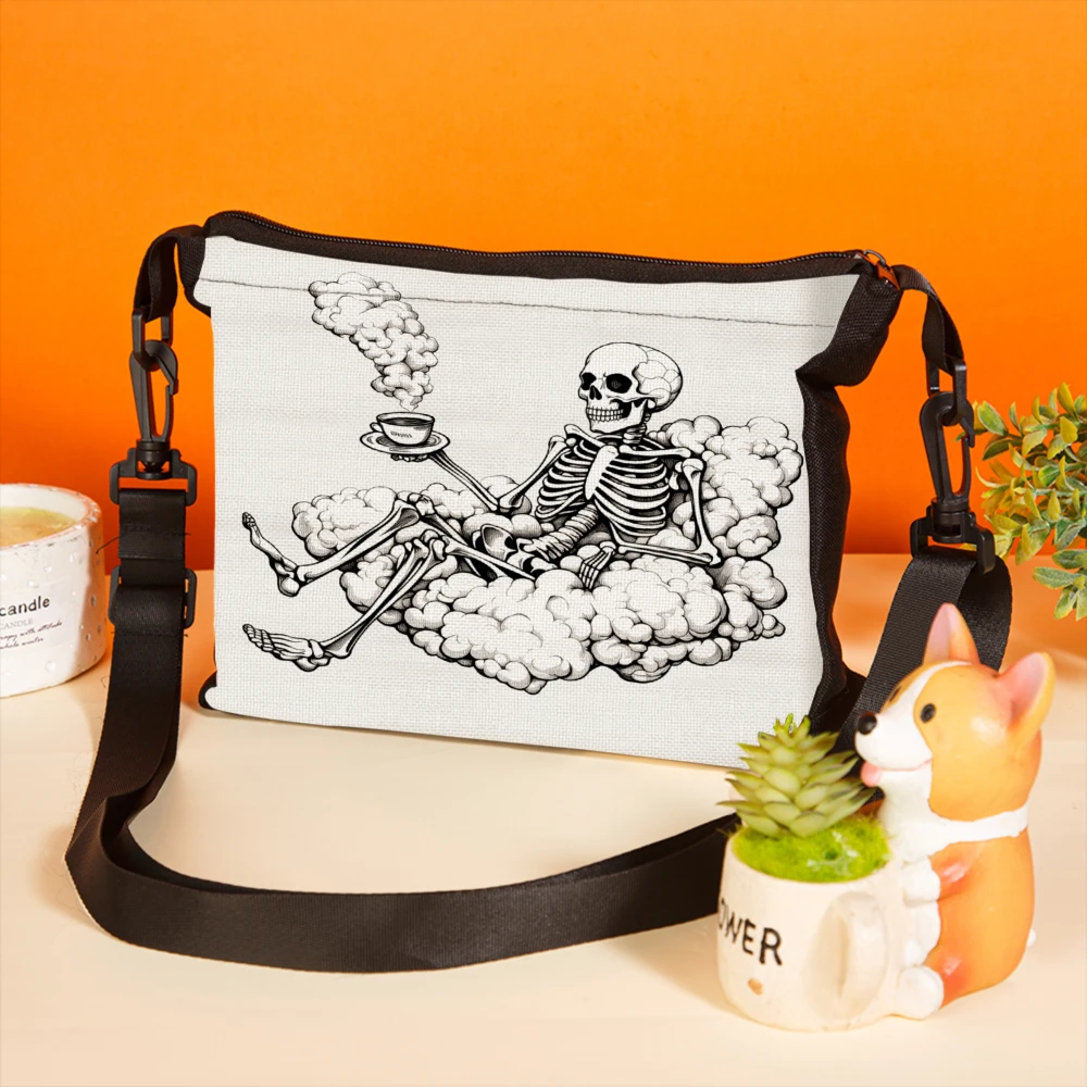 1pc Skeleton Drinking Tea On Cloud Crossbody Bag White Skull And Clouds Print Shoulder Bags For Women Men Casual Daily Use Trave