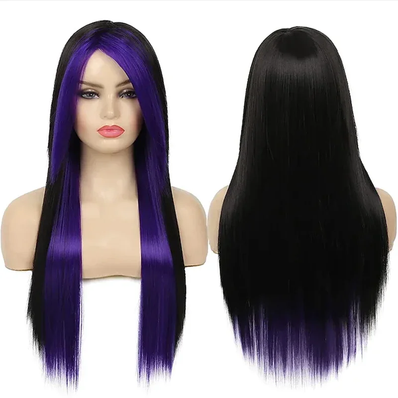 HAIRJOY Synthetic Hair Long Red Black Straight  Heat Resistant Side Bangs Halloween Costume Women Wig