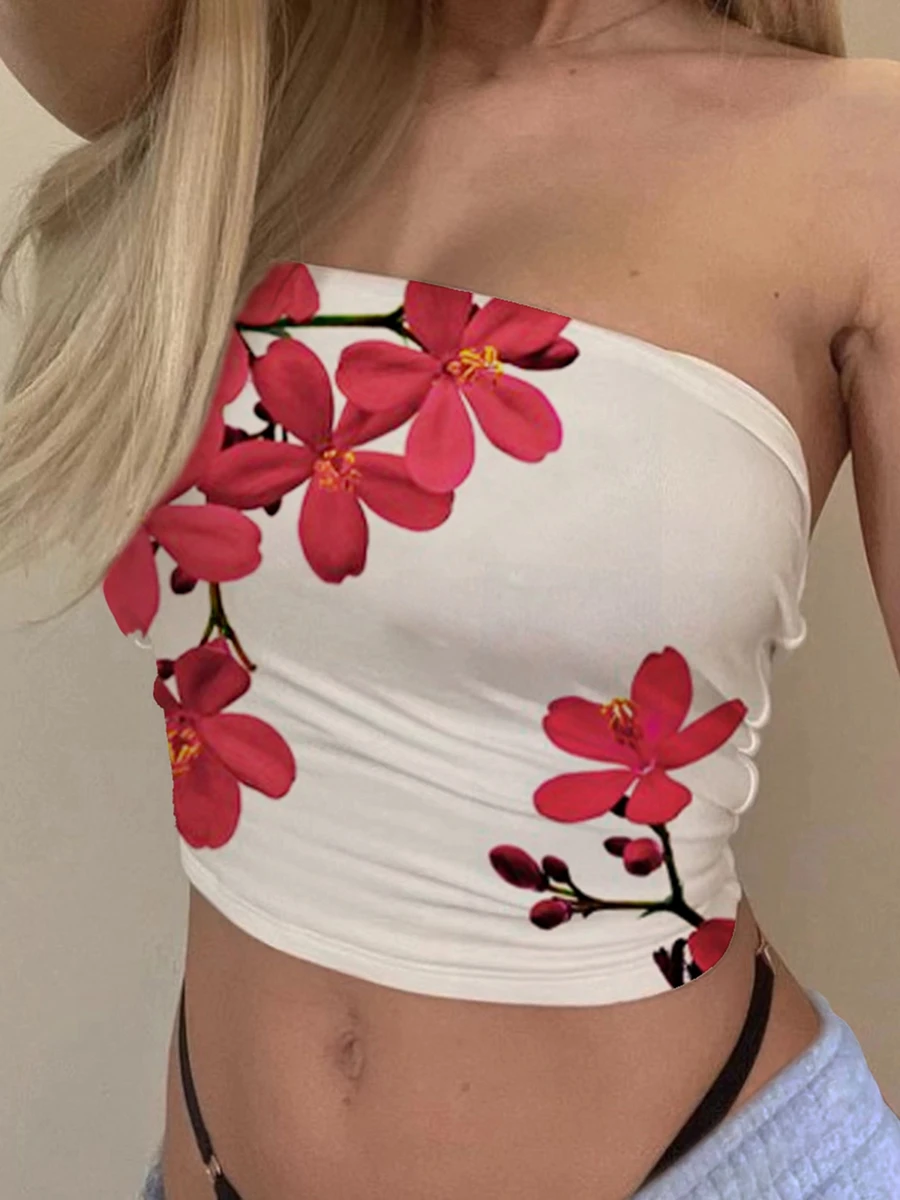 Women s Floral Print Tube Tops Summer Strapless Bandeau Tops  Fit Shirts Streetwear