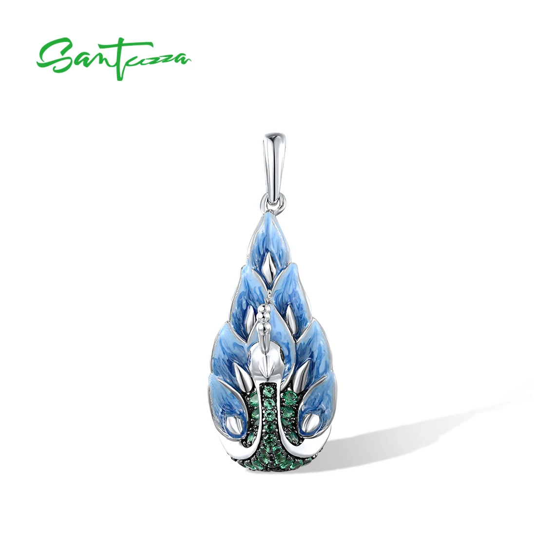 

SANTUZZA Pure 925 Sterling Silver Pendant for Women Green Spinel Blue Enamel Peacock Animal Fashion Trendy Cute Fine Jewelry