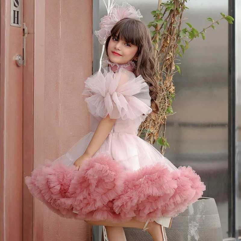 Customized Flower Girl Dresses Pink Tulle Puffy Short Sleeve For Wedding Birthday Banquet Prom Christmas Princess Gowns